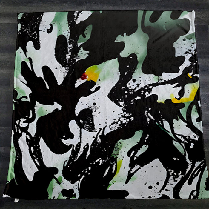 Black and Green Abstract Paint Splatter Pattern Fleece Sherpa Blanket