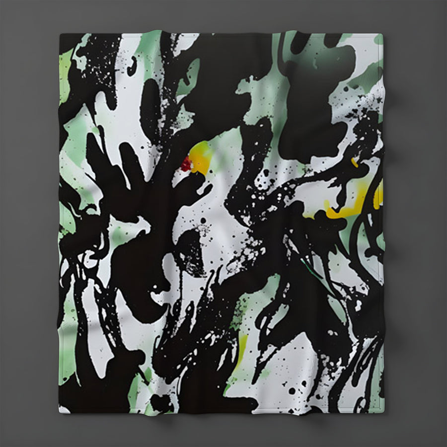 Black and Green Abstract Paint Splatter Pattern Fleece Sherpa Blanket