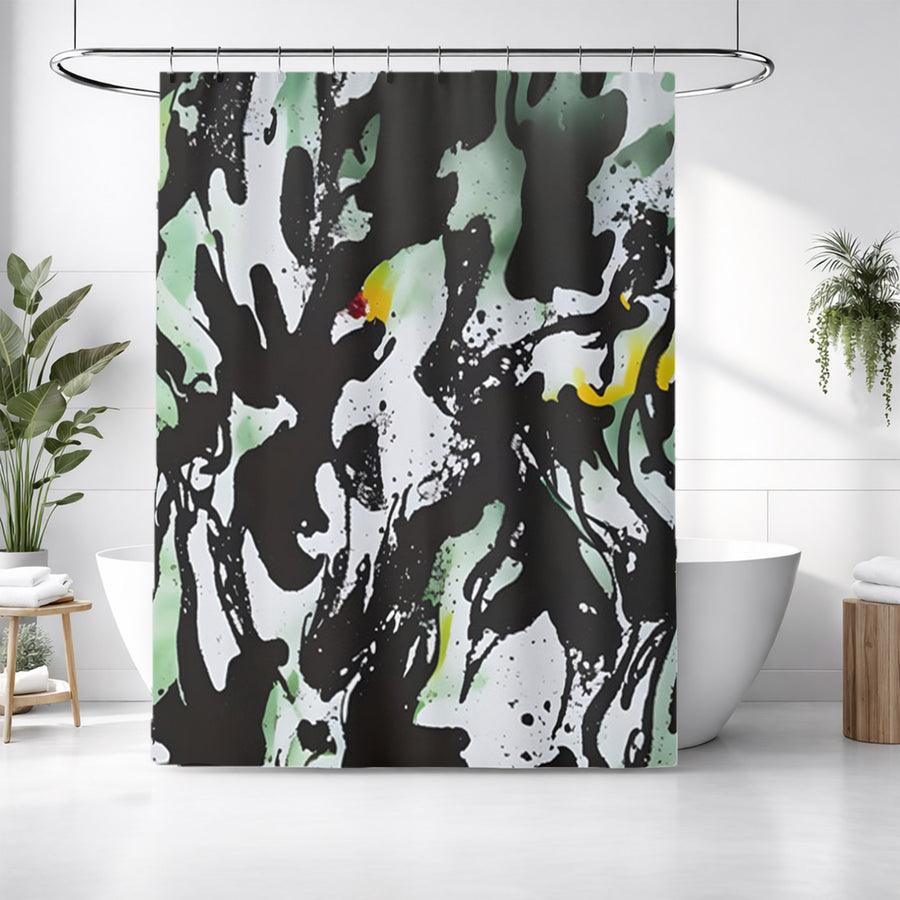 Black and Green Abstract Paint Splatter Pattern Shower Curtain