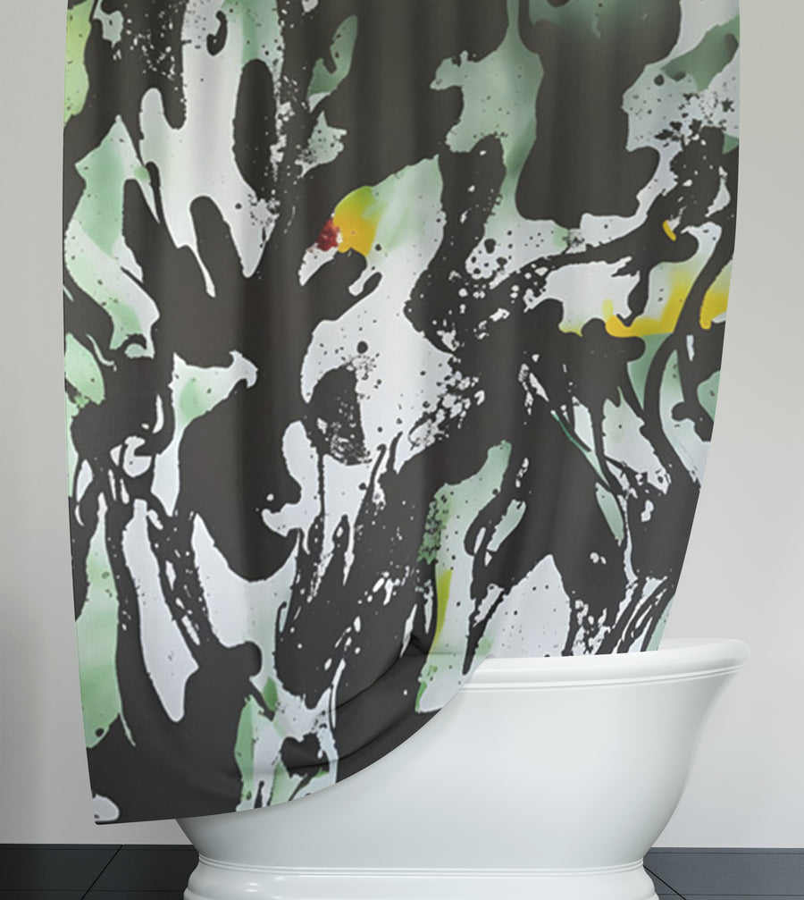 Black and Green Abstract Paint Splatter Pattern Shower Curtain
