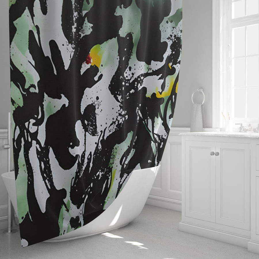 Black and Green Abstract Paint Splatter Pattern Shower Curtain