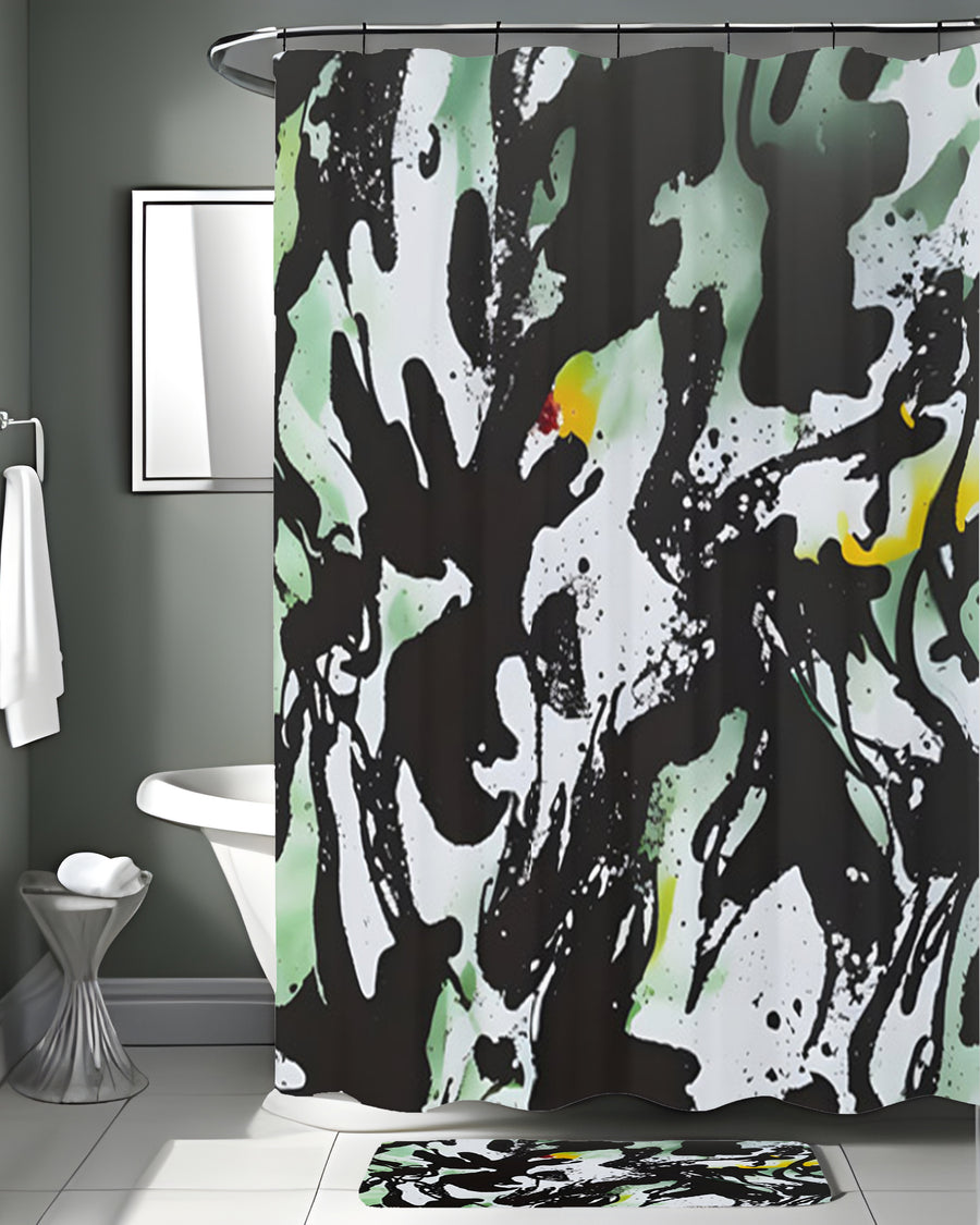 Black and Green Abstract Paint Splatter Pattern Shower Curtain
