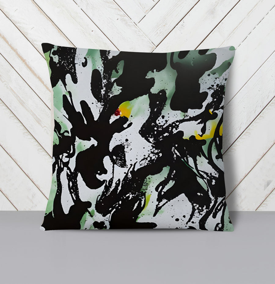 Black and Green Abstract Paint Splatter Pattern Throw Pillow Cover