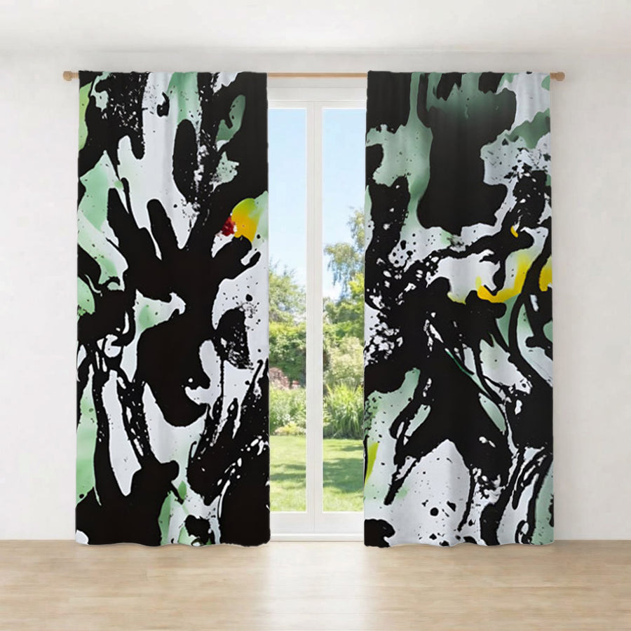Black and Green Abstract Paint Splatter Pattern Window Curtains