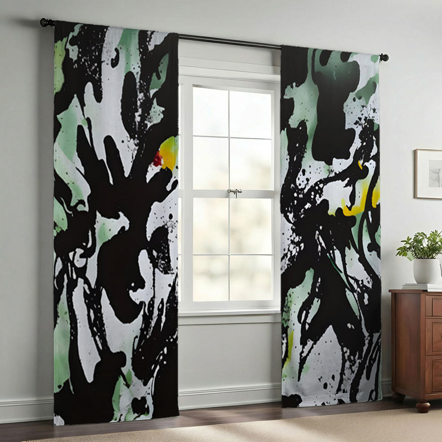 Black and Green Abstract Paint Splatter Pattern Window Curtains