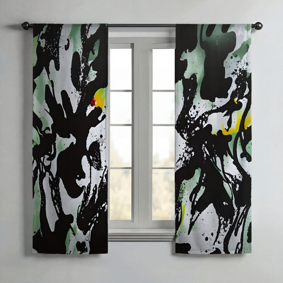 Black and Green Abstract Paint Splatter Pattern Window Curtains