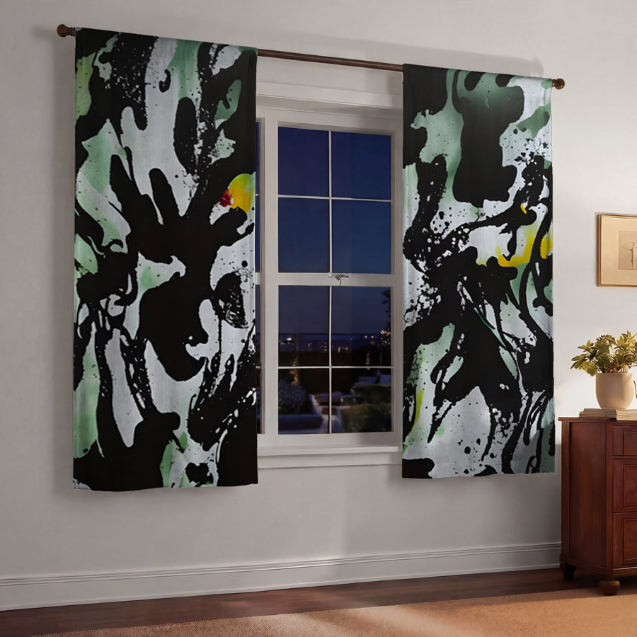 Black and Green Abstract Paint Splatter Pattern Window Curtains