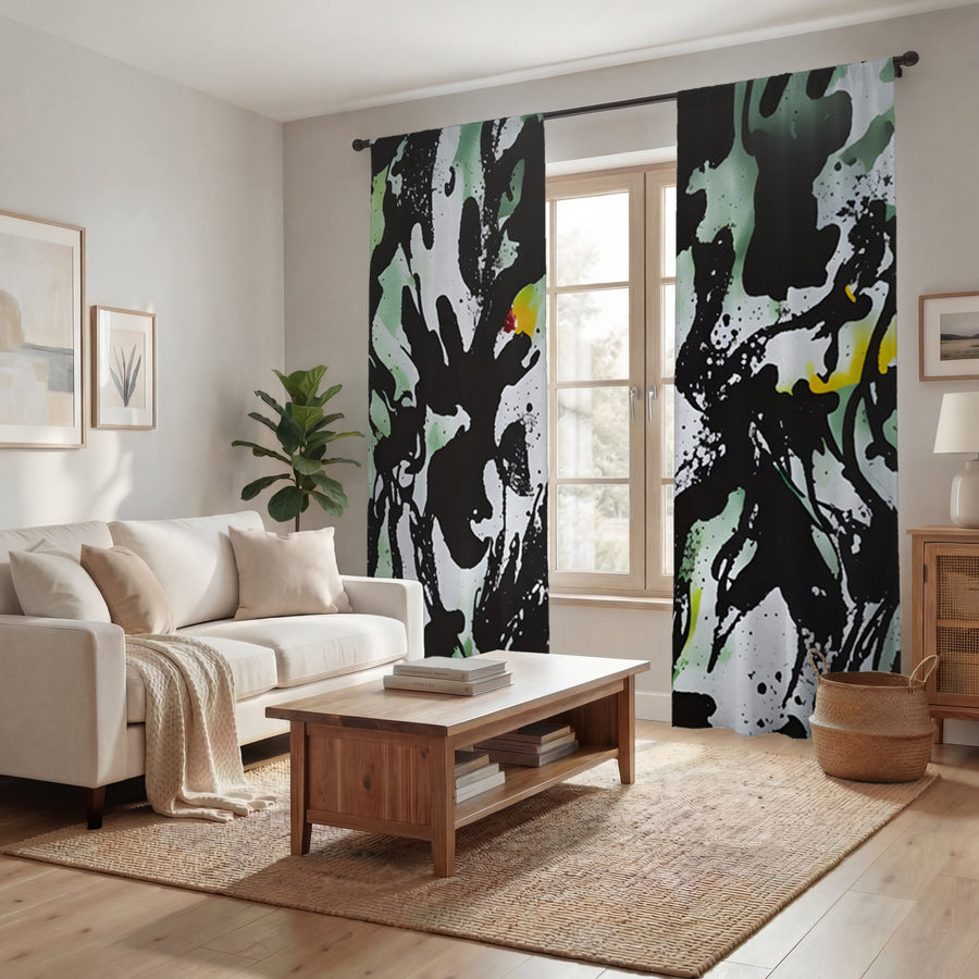 Black and Green Abstract Paint Splatter Pattern Window Curtains