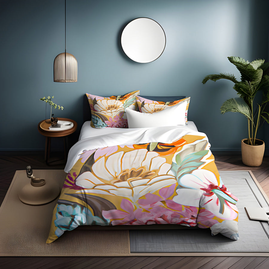 Pink and Orange Floral Botanical Pattern Duvet Cover