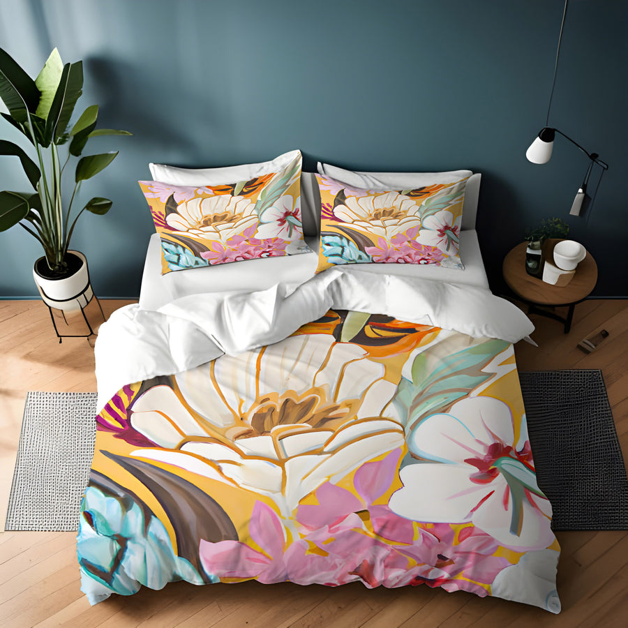 Pink and Orange Floral Botanical Pattern Duvet Cover