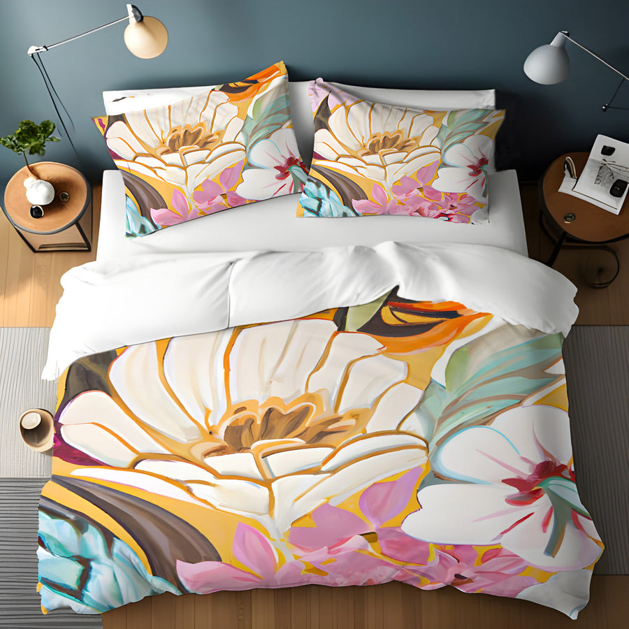 Pink and Orange Floral Botanical Pattern Duvet Cover