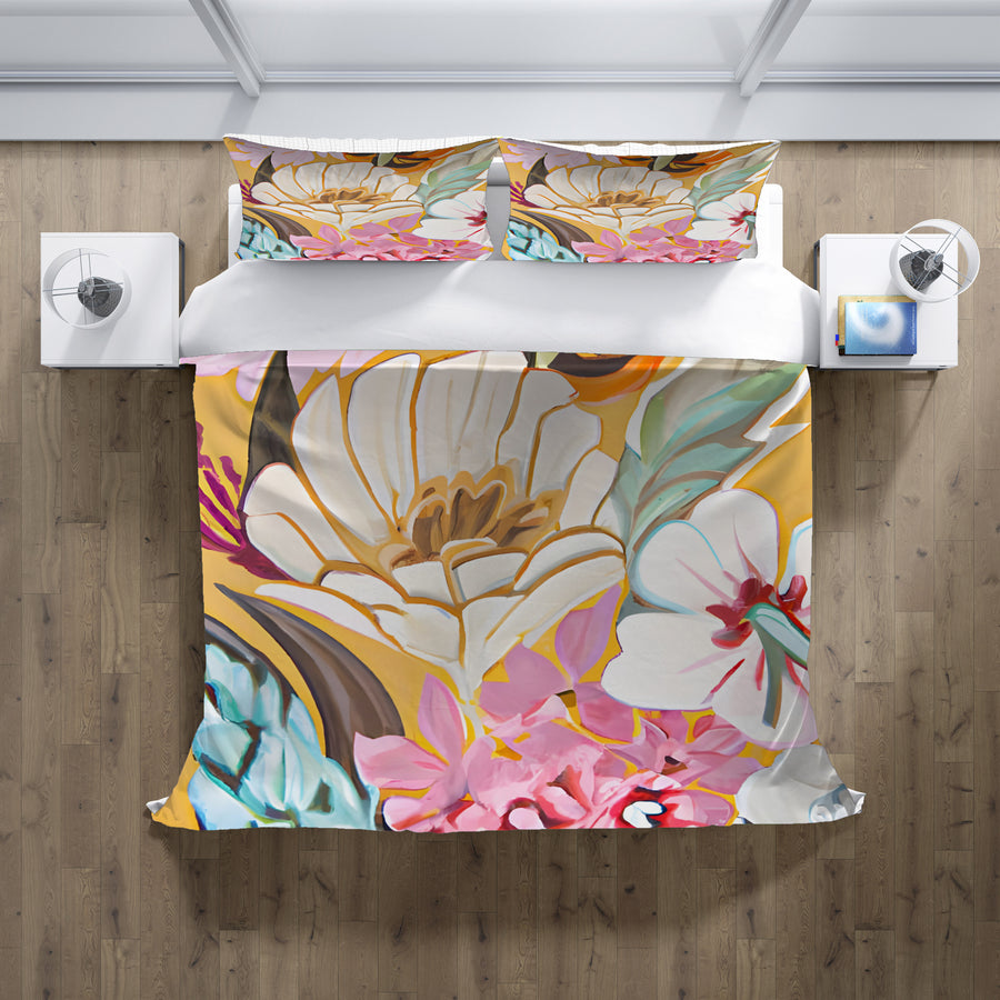 Pink and Orange Floral Botanical Pattern Duvet Cover
