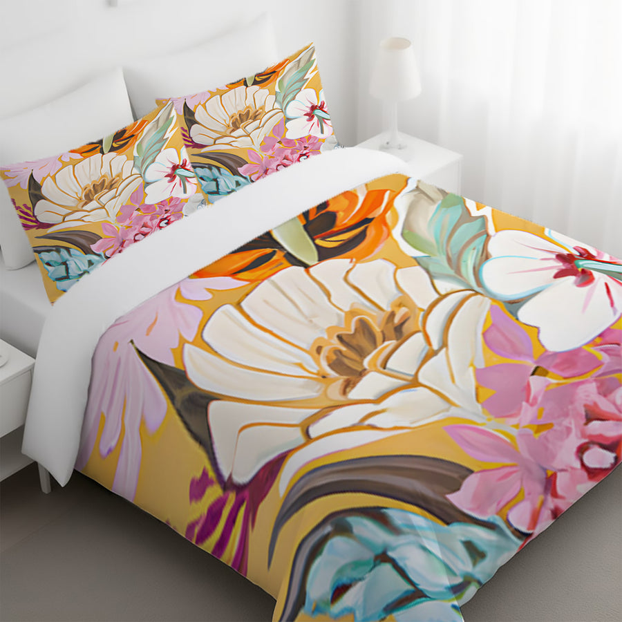 Pink and Orange Floral Botanical Pattern Duvet Cover