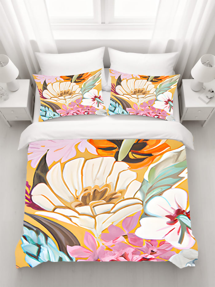 Pink and Orange Floral Botanical Pattern Duvet Cover