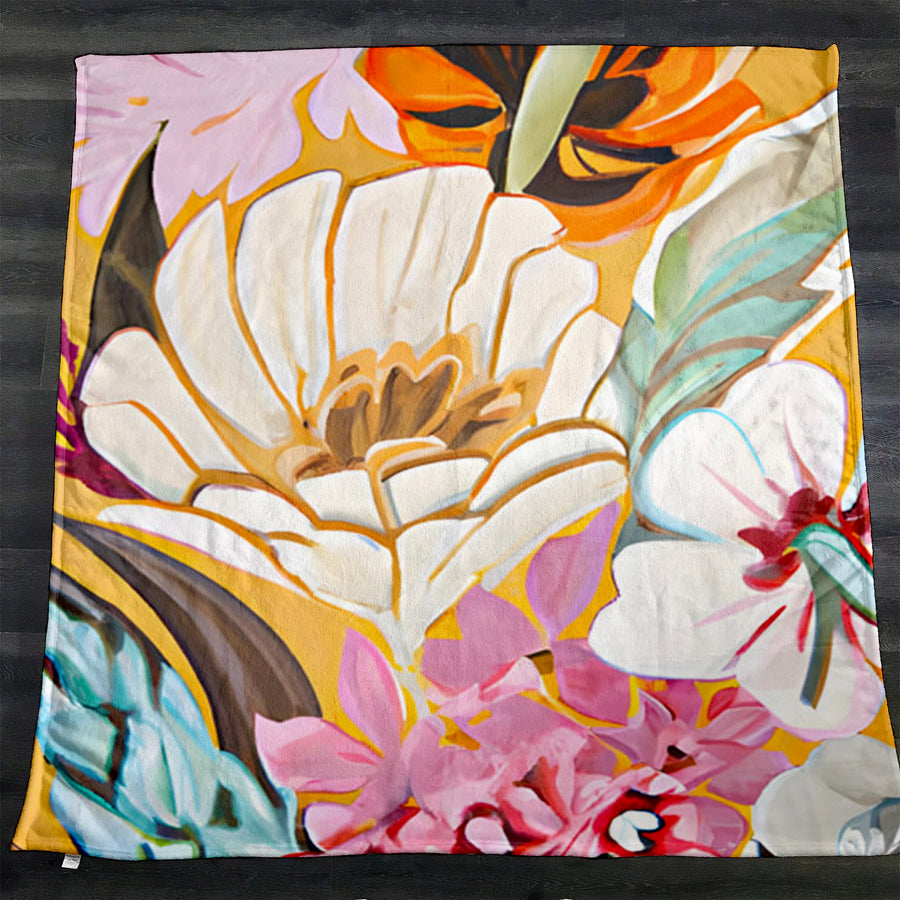 Pink and Orange Floral Botanical Pattern Fleece Sherpa Blanket