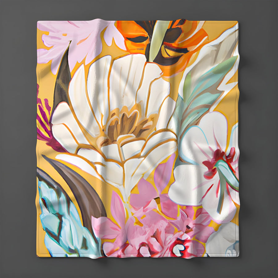Pink and Orange Floral Botanical Pattern Fleece Sherpa Blanket