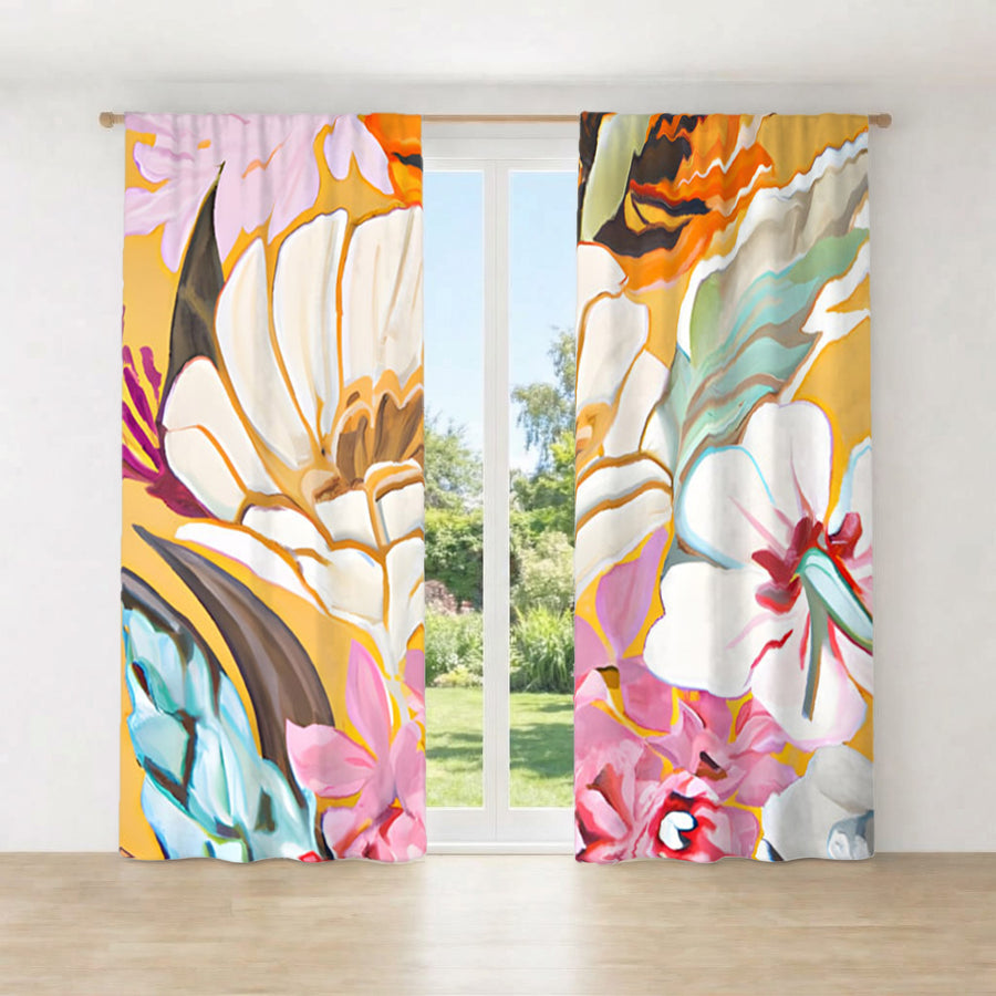 Pink and Orange Floral Botanical Pattern Window Curtains