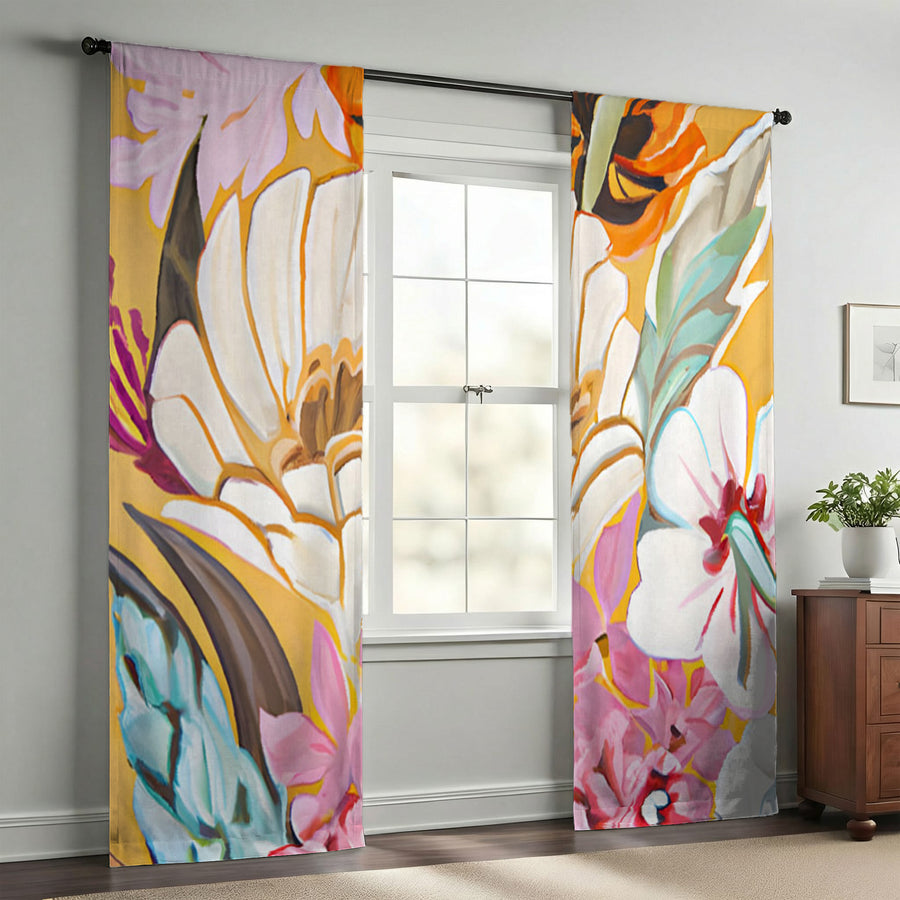Pink and Orange Floral Botanical Pattern Window Curtains