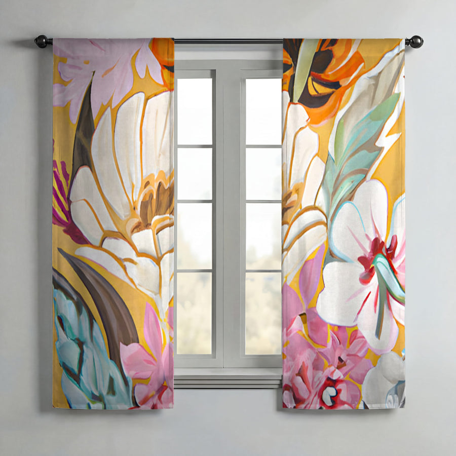 Pink and Orange Floral Botanical Pattern Window Curtains