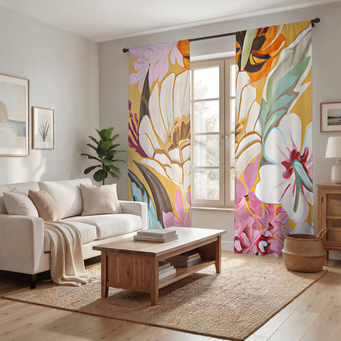 Pink and Orange Floral Botanical Pattern Window Curtains