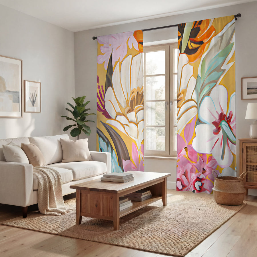 Pink and Orange Floral Botanical Pattern Window Curtains