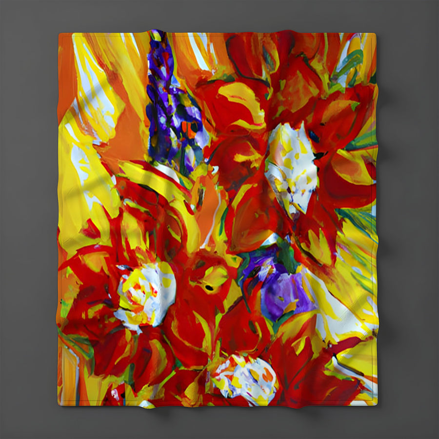 Red and Yellow Floral Expression Artwork Fleece Sherpa Blanket