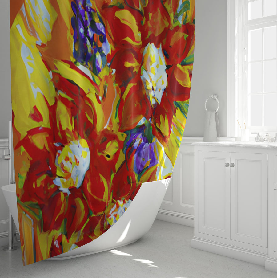 Red and Yellow Floral Expression Artwork Shower Curtain