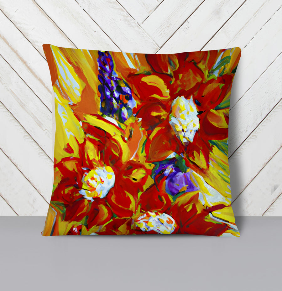 Red and Yellow Floral Expression Artwork Throw Pillow Cover