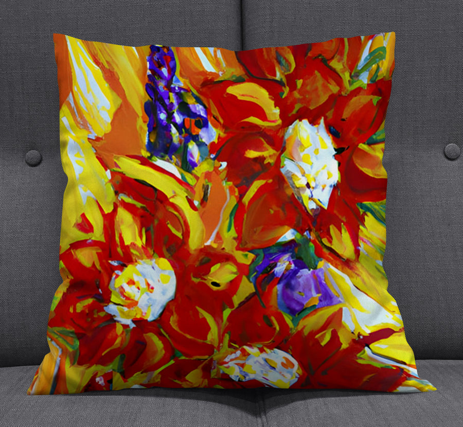 Red and Yellow Floral Expression Artwork Throw Pillow Cover