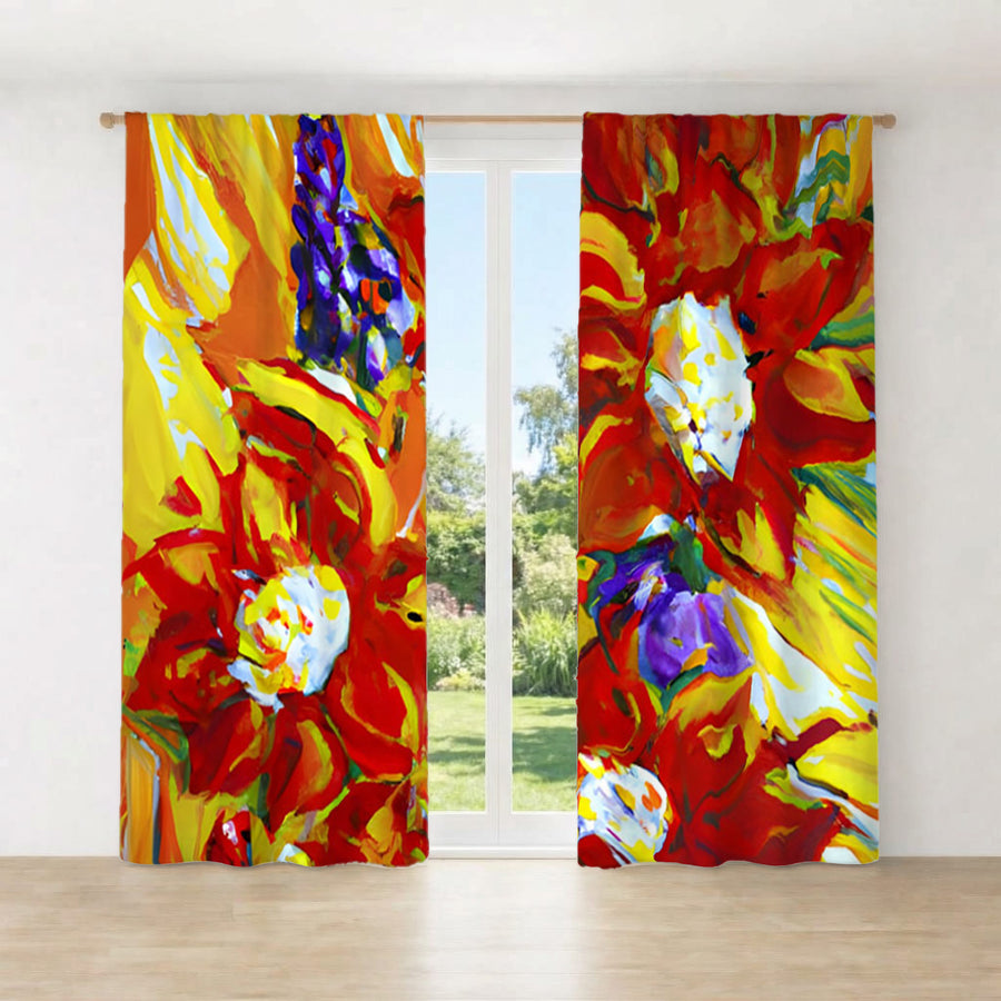 Red and Yellow Floral Expression Artwork Window Curtains