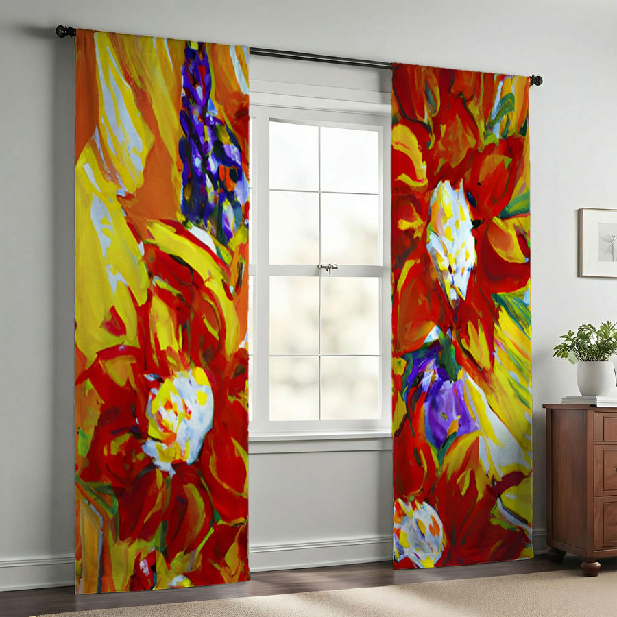 Red and Yellow Floral Expression Artwork Window Curtains