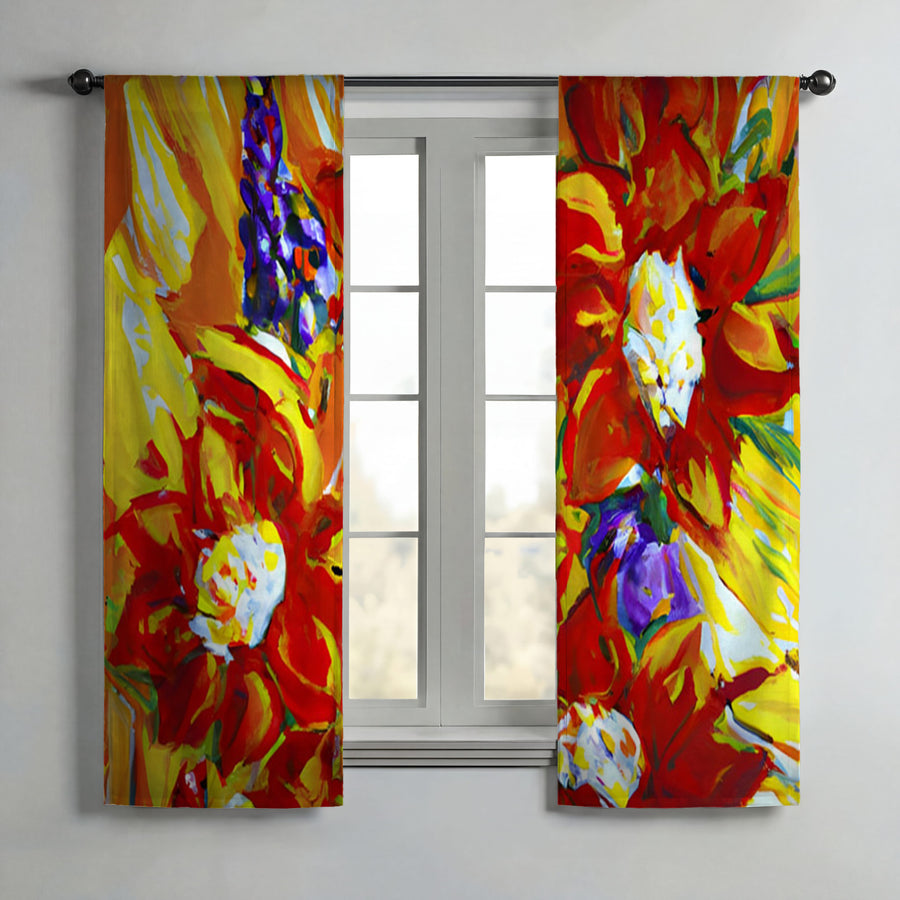 Red and Yellow Floral Expression Artwork Window Curtains