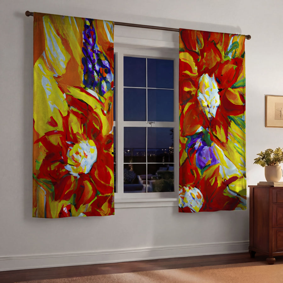 Red and Yellow Floral Expression Artwork Window Curtains