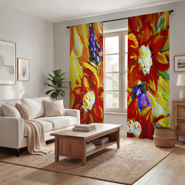 Red and Yellow Floral Expression Artwork Window Curtains