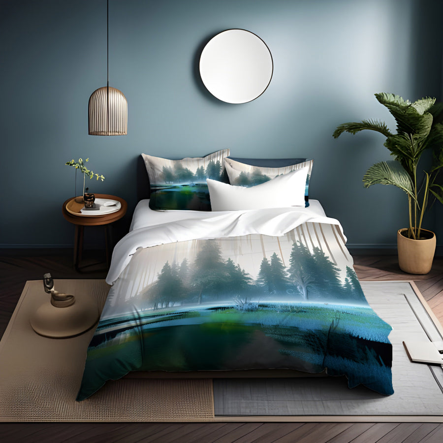 Green Misty Lake Forest Landscape Duvet Cover