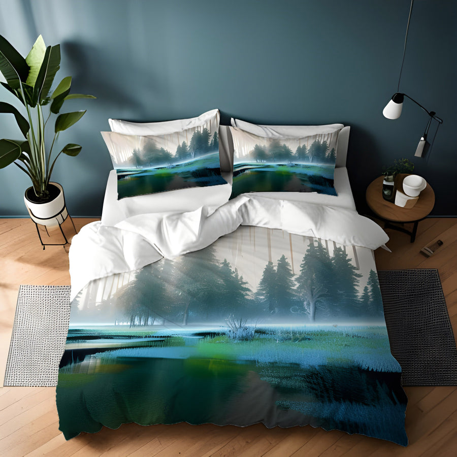 Green Misty Lake Forest Landscape Duvet Cover