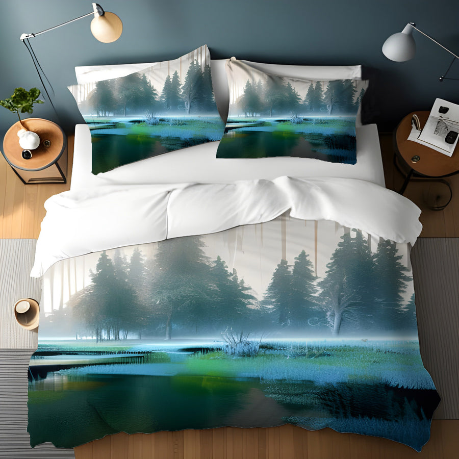 Green Misty Lake Forest Landscape Duvet Cover