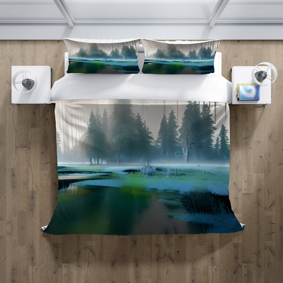 Green Misty Lake Forest Landscape Duvet Cover