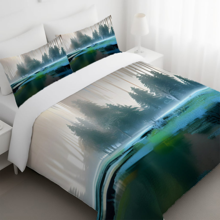 Green Misty Lake Forest Landscape Duvet Cover