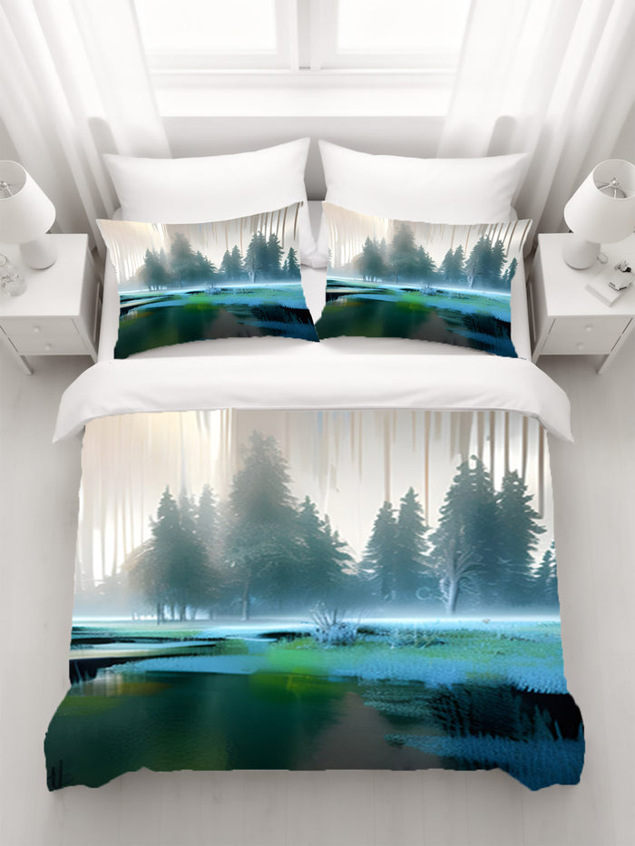 Green Misty Lake Forest Landscape Duvet Cover