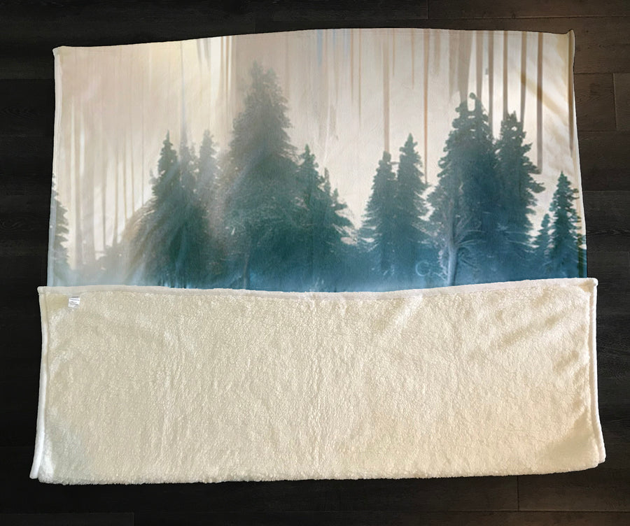 Green Misty Lake Forest Landscape Fleece Sherpa Blanket
