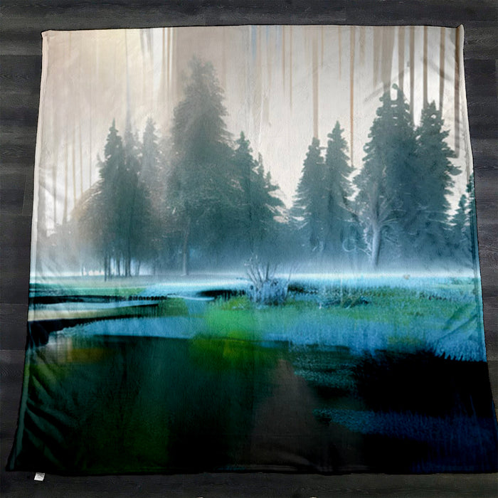 Green Misty Lake Forest Landscape Fleece Sherpa Blanket