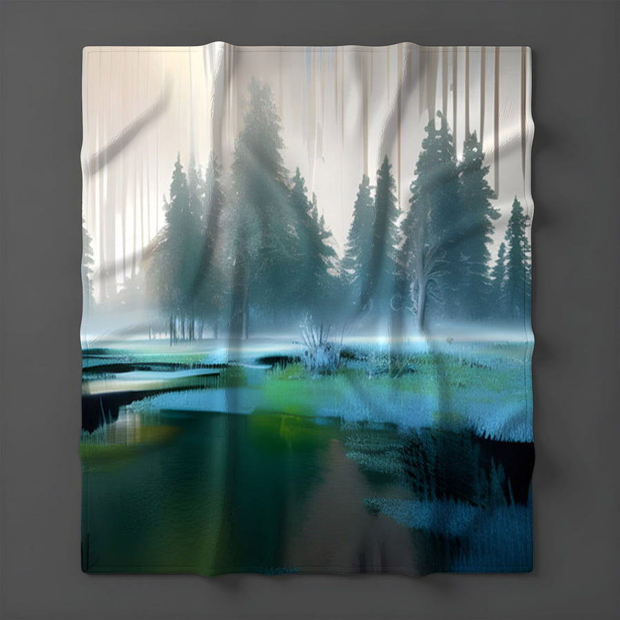 Green Misty Lake Forest Landscape Fleece Sherpa Blanket