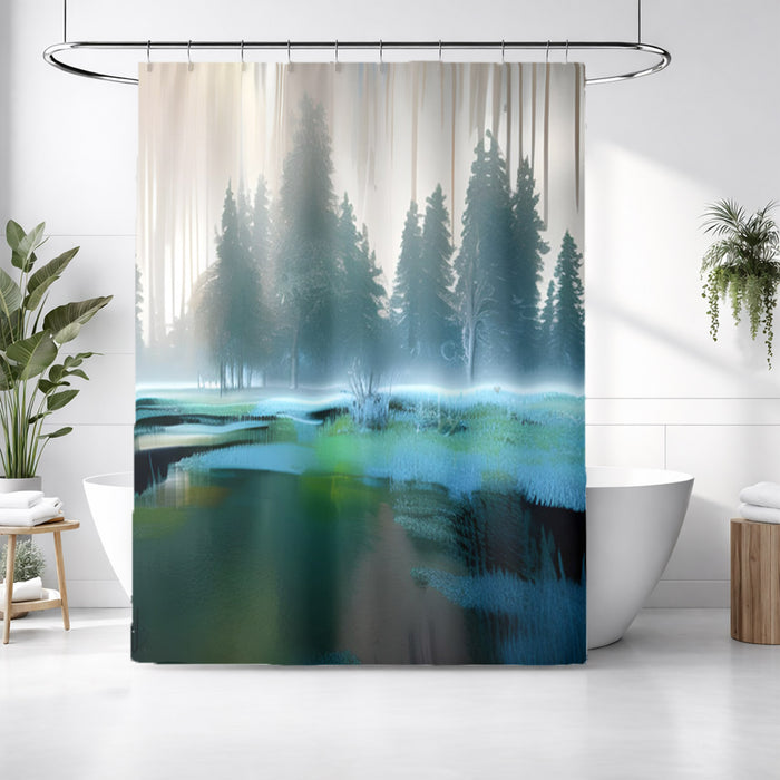 Green Misty Lake Forest Landscape Shower Curtain