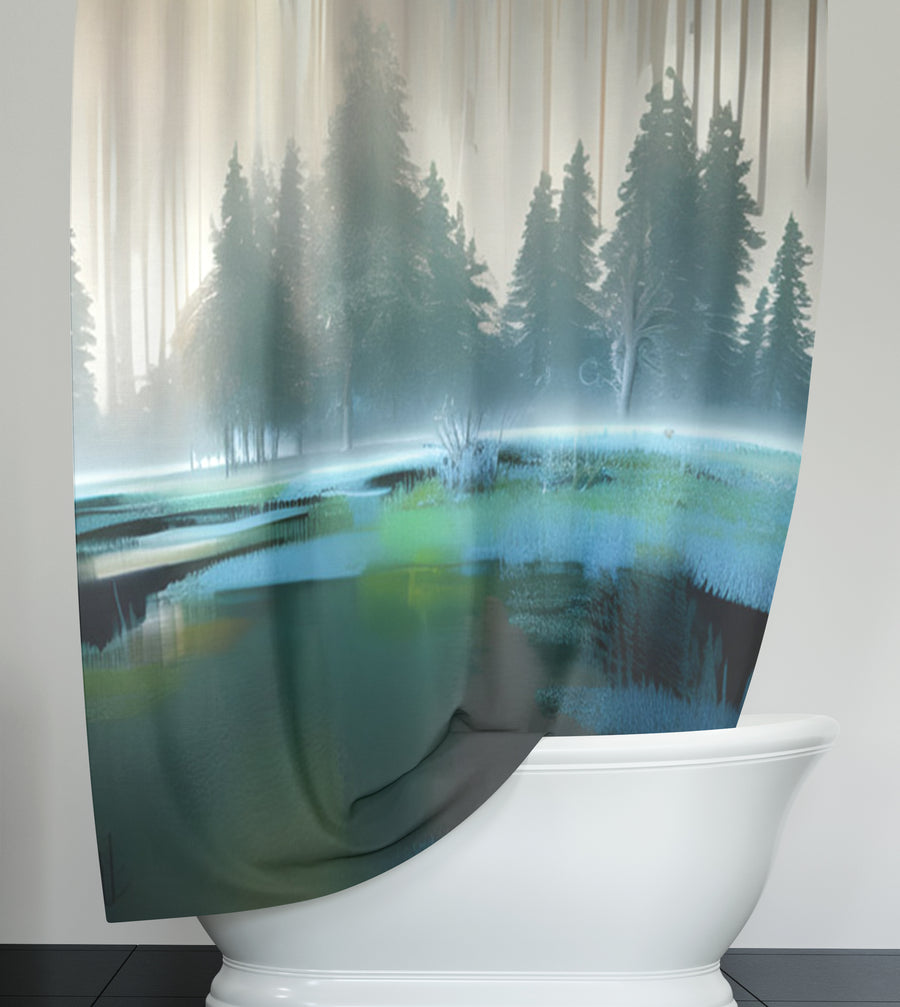 Green Misty Lake Forest Landscape Shower Curtain