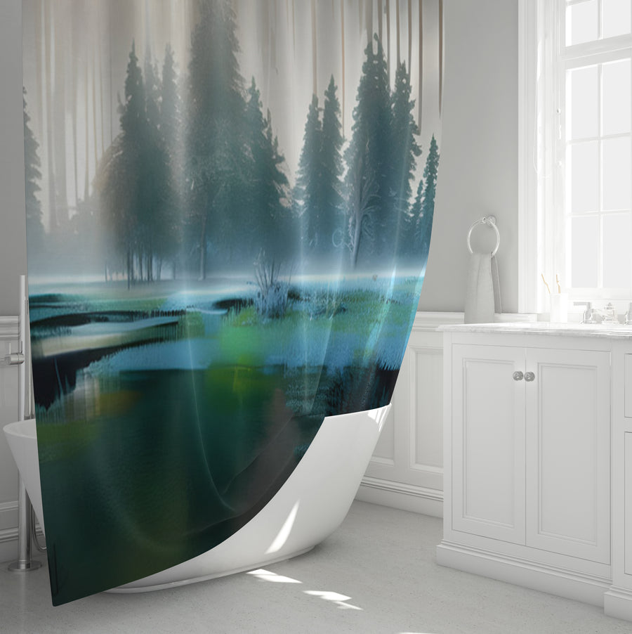 Green Misty Lake Forest Landscape Shower Curtain