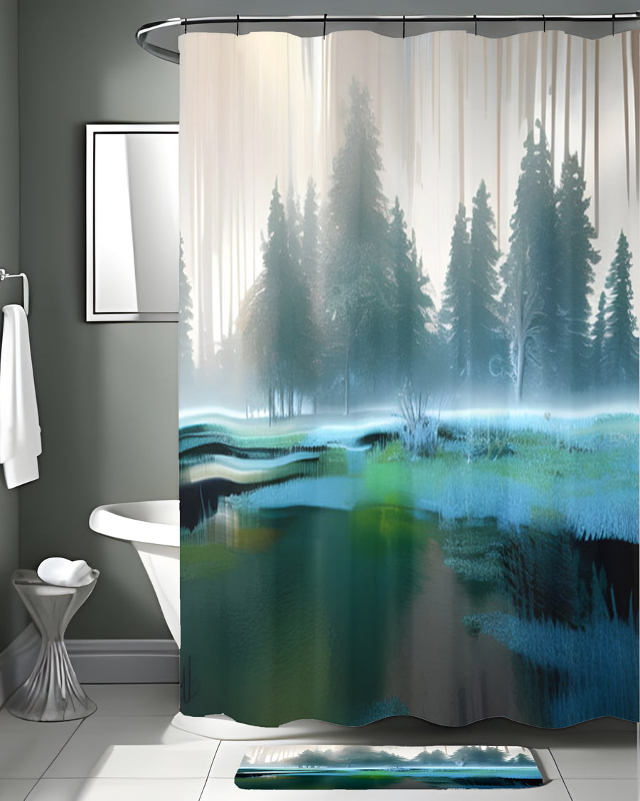 Green Misty Lake Forest Landscape Shower Curtain
