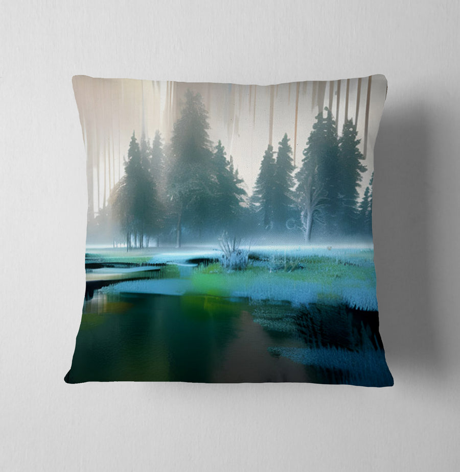 Green Misty Lake Forest Landscape Throw Pillow Cover