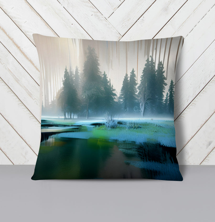 Green Misty Lake Forest Landscape Throw Pillow Cover