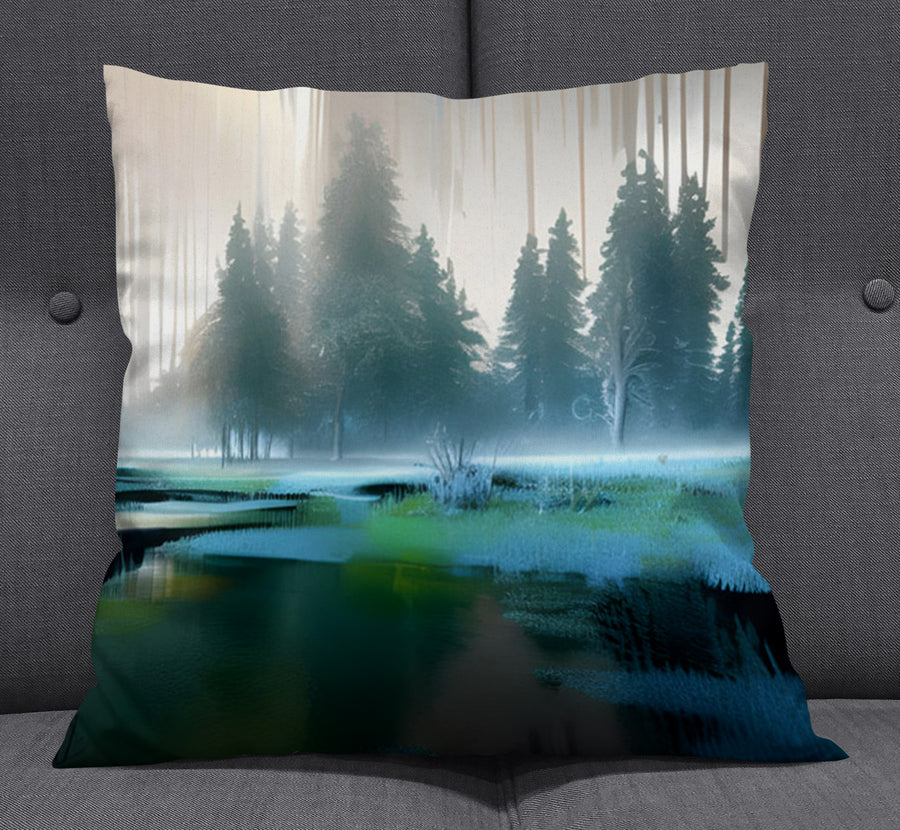 Green Misty Lake Forest Landscape Throw Pillow Cover